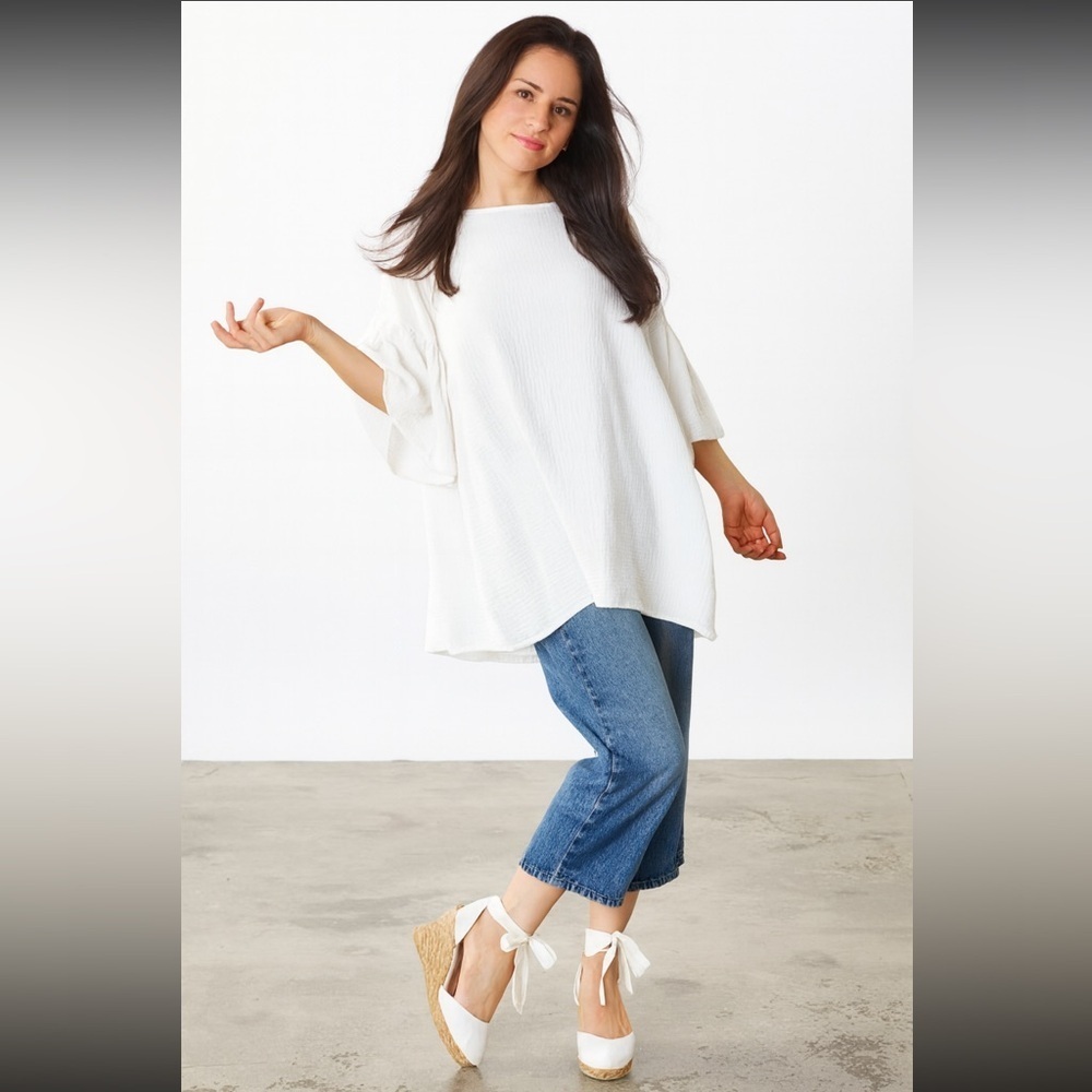 Bryn Walker Diego Linen Tunic White Bell Sleeve Boxy Lagenlook Excellent Size S